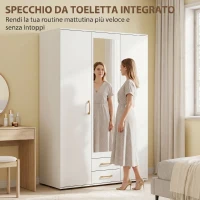 HOMCOM Armadio Moderno con Specchio, 3 Ante e 2 Cassetti, 120155x180 cm, Bianco(m-5)
