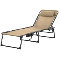 Outsunny Portable Sun Lounger, Folding Camping Bed Cot, Reclining Lounge Chair 5-position Adjustable Backrest with Side Pocket, Pillow for Patio Garden Beach Pool, Beige(m-10)
