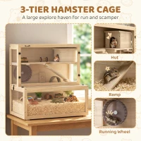 PawHut Wooden Hamster Cage with Hut, Wheel, Ramps, Removable Viewing Panels, 80 x 50 x 84 cm, Natural(m-4)
