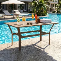 Outsunny Metal Garden Coffee Table, Rectangular Outdoor Side Table with Slatted Tabletop, Foot Pads for Outside, Garden, Balcony, Porch, 91.5 x 55 x 45cm, Brown(m-7)