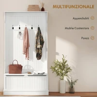 HOMCOM Appendiabiti da Terra 179.7cm con Panca Porta Scarpe, 5 Ganci, Dispositivo Antiribaltamento, per Ingresso, Crema(m-4)