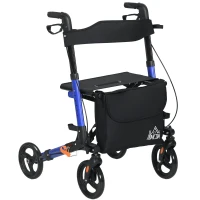HOMCOM 4 Wheel Rollator with Seat and Back, Folding Mobility Walker with Carry Bag, Adjustable Height, Dual Brakes, Cane Holder, Lightweight Aluminium Walking Frame for Seniors and Disabled, Blue(m-12)