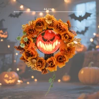 Outsunny Halloween-Kranz, Grusel-Kürbis-Design, Herbstblätter, Lichteffekte, Kunststoff(m-3)