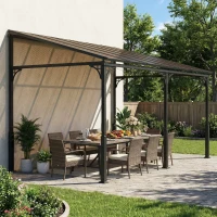 Outsunny Pergola Addossata 4x3 m con Tetto in Policarbonato, Metallo e Alluminio con Viti, Marrone(m-8)