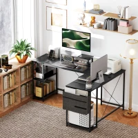 HOMCOM Bureau d'angle modulable réversible 168-240 cm style industriel - étagère réglable, sac de rangement, support d'écran(m-9)