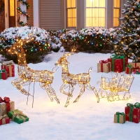 Outsunny Ensemble 3 pièces renne et traîneau lumineux, déco de Noël en polyrattan avec LEDs, 8 modes, minuterie(m-6)