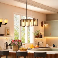 HOMCOM Lampadario a Sospensione Rustico con 4 Cornici Girevoli e Catena Regolabile, 80x21x90-130 cm, Nero e Marrone(m-8)