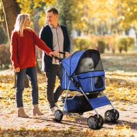 PawHut Carrito para Perros Pequeños con Toldo Ajustable Cesta de Almacenaje Portavasos y 2 Ruedas Universales 75x45x97 cm Azul(m-10)