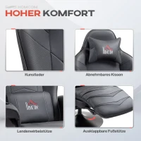 HOMCOM Gamingsessel, Massagefunktion, neigbare Lehne, Fußstütze, bis 120 kg, Stahlrahmen, Kunstleder, Schwarz(m-6)