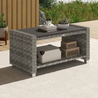 Outsunny Outdoor Coffee Table with Storage Shelf, PE Rattan Side Table with Slatted Top and Foot Pads, Grey(m-10)