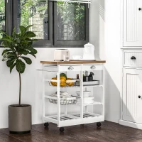 HOMCOM Carrello da Cucina Multiuso con 2 Cassetti, 2 Ripiani e 2 Cesti, in Legno di Pino, 74x37x76 cm, Bianco(m-10)