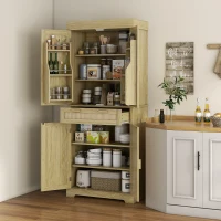 HOMCOM Bufet de Bucătărie Stil Boho cu 2 Dulapuri, Sertar și Suport pentru Condimente din Lemn și Ratan, 76x40x183cm, Stejar(m-2)