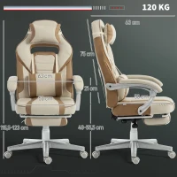 HOMCOM Silla Gamer Reclinable con Altura Ajustable Reposapiés Retráctil Soporte Lumbar y Reposacabezas Desmontable Crema(m-3)