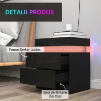 HOMCOM Set 2 Noptiere cu LED și 4 Moduri, 2 Sertare, Lemn, 45x35x52 cm, Negru Lucios(m-7)