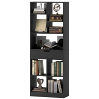 HOMCOM Bibliotecă Modernă din Lemn cu Sertar Central și Kit Anti-răsturnare, 60x26x158 cm, Negru(m-12)