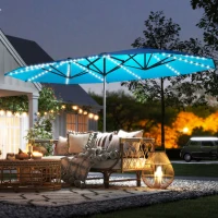 Outsunny Doppelschirm mit Solar-Lichtern, Aluminium, Polyester, UPF50+ Schutz, UV-beständig, Terrassenschirm, Blau(m-10)