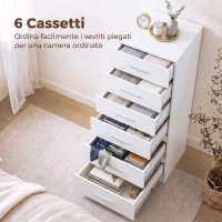 HOMCOM Cassettiera Alta a 6 Cassetti con Sistema Antiribaltamento, 40x40x110 cm, Bianco(m-4)