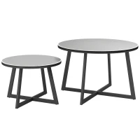 Outsunny 2er Set Beistelltisch Stapelbar Gartentisch Rund wetterfest Balkontisch mit X-Beine Glasplatte Stahl Schwarz+Grau(m-1)