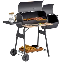 Outsunny Smoker Grill BBQ Holzkohlengrill Grillwagen Multifunktion mit 2 x Brennkammer Schornstein Metall + Tannenholz Schwarz 124 x 53 x 104 cm(m-11)