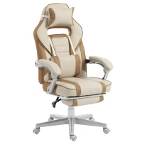 HOMCOM Silla Gamer Reclinable con Altura Ajustable Reposapiés Retráctil Soporte Lumbar y Reposacabezas Desmontable Crema(m-11)