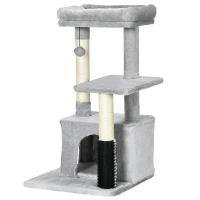 PawHut Albero Tiragraffi per Gatti Multilivello con Lettino e Casetta, Rivestimento in Peluche, Grigio(m-10)