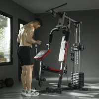HOMCOM Máquina de Musculación con Pesas Ajustables de 65 kg Prensa de Pecho y Piernas Polea 135x103x210 cm Negro(m-8)
