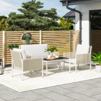 Outsunny Gartenmöbel Set aus Polyrattan Lounge-Set mit 2er Sofa Sessel Glastisch Kissen 4 Personen Braun+Grau(m-2)