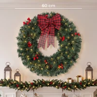 HOMCOM Guirnalda Navideña de 60 cm con Luces LED 8 Modos, Lazo, 140 Ramas, Piñas y Bayas, Corona de Navidad, Verde(m-3)