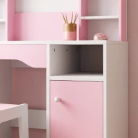 AIYAPLAY Penteadeira Infantil com Espelho LED 2 Cores, Banco, 2 Armários, Gaveta e Prateleiras, Rosa(m-9)