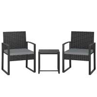 Outsunny Rattan Bistro Set, 3 Piece Garden Furniture Set with Glass Top Table and Cushions, Light Grey(m-1)