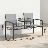 Outsunny Garden Love Seat, 2 Seater Jack and Jill Loveseat Companion Seat with 2-Tier Glass Table, Breathable Texteline, Grey(m-3)