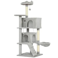 PawHut Albero Tiragraffi per Gatti Alto 140 cm con 2 Casette, Amaca, Lettino e Pali in Sisal, Grigio(m-1)