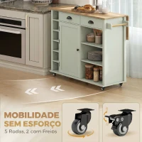 HOMCOM Ilha de Cozinha com Rodas Tampo Rebatível Suporte para Especiarias Prateleiras na Porta Armário 2 Gavetas 117,5x70x91 cm Verde Claro(m-8)