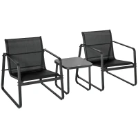 Outsunny Conjunto de Muebles de Jardín 3 Piezas Muebles de Jardín Exterior Incluye 1 Mesa de Vidrio Templado y 2 Sillas con Reposabrazos y Respaldo Transpirable para Terraza Balcón Negro(m-12)