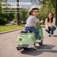 AIYAPLAY Motocicletă Electrică pentru Copii 3+ Ani, Licență VESPA, 6V, cu Roți Ajutătoare Detașabile, Max. 30 kg, Verde(m-6)
