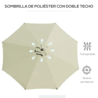 Outsunny Sombrilla de Jardín Ø295x250 cm con Manivela Parasol Exterior con Mecanismo de Inclinación y Poste Desmontable Beige(m-9)