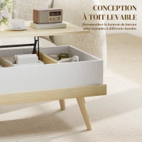 HOMCOM Table Basse Relevable avec 3 Compartiments Cachés, Table de Salon Moderne, Pieds en Bois, 100x79x54cm, Naturel Blanc(m-4)