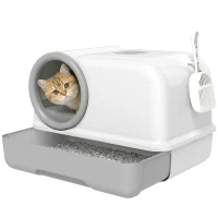 PawHut Bac à litière fermé XL en PP, maison de toilette pour grand chat, avec couvercle et pelle 59 x 39,5 x 39,5 cm gris clair(m-12)