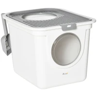 PawHut Arenero para Gatos Cubierto con Pala Inodoro para Gatos con 2 Puertas Principal y Superior 44x55x39 cm Blanco y Gris(m-1)