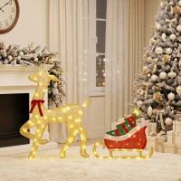 Outsunny Rena Natalina Iluminada com Trenó com 95 LED Branco Quente 8 Modos de Iluminação e Timer Dourado(m-5)
