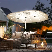 Outsunny 3 m Double-Sided Garden Parasol with LED Solar Lights, Tilt, Outdoor Extra Large Sun Umbrella with Crank Handle, Cream(m-2)