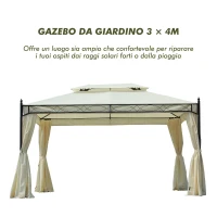 Outsunny Gazebo da Giardino 3x4m in Acciaio con Doppio Tetto e 4 Tende Laterali, Crema(m-5)
