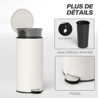 HOMCOM Poubelle cuisine 30L, poubelle à pédale avec seau intérieur amovible, couvercle à fermeture douce, 36x30x60,5cm, crème(m-7)