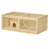 PawHut Jaula para Hámster de Madera con Techo Abatible Panel de Acrílico Bandeja Extraíble y Cabaña 100x58x38 cm Natural(m-1)
