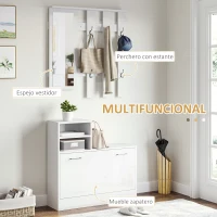 HOMCOM Recibidor con Espejo Perchero y Zapatero Muebles de Entrada con 6 Ganchos y Estantes para 8 Pares de Zapatos Blanco(m-4)