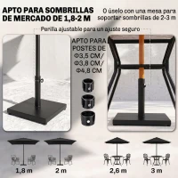 Outsunny Base para Sombrilla de Jardín Peso Neto 18 kg Soporte Pie para Parasol Apto para Postes de Ø35mm/Ø38mm/Ø48mm para Jardín Patio Negro 45x45x39 cm(m-4)