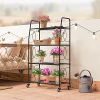 Outsunny 4-Tier Metal Plant Stand, Heavy Duty Ladder Shelf Potted Plants Display Rack with Lockable Wheels(m-10)