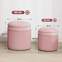 HOMCOM Set 2 Taburete Rotunde Stivuibile și Tapițate, cu Huse din Catifea și Spațiu de Depozitare de 34.8L, Roz(m-3)
