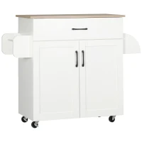 HOMCOM Carro de Cocina con 1 Cajón 2 Puertas Barra de Colgar y Especiero Carrito Auxiliar con Ruedas 105x36x85 cm Blanco(m-11)