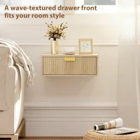 HOMCOM Modern Floating Nightstands Set of 2, Wall Mounted Bedside Tables with Wave Drawer Oak(m-7)